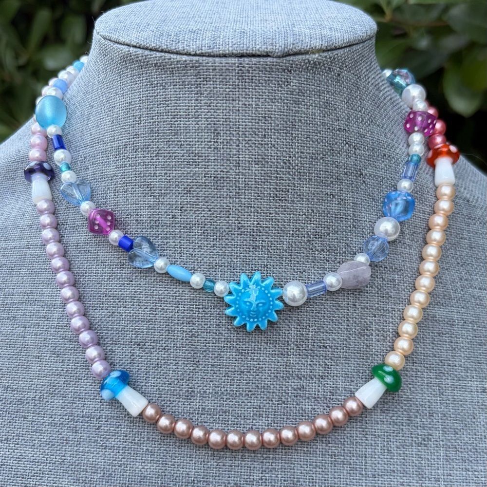 Two (2) Urban Outfitters OU Layering Blue Mushroom Sundial Beaded Necklaces NWT